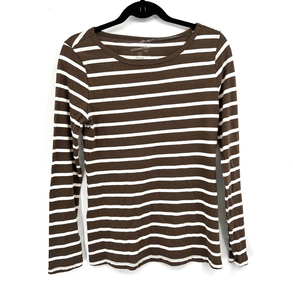 NEW brown white striped coastal grandma long sleeve t-shirt minimalist top XS